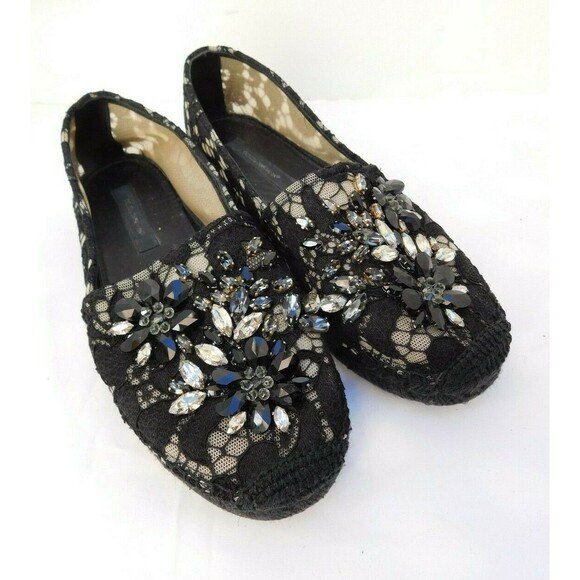Espadrilles Dolce & Gabbana Black Embellished Crystal Lace Espadrille Flats SZ 6 - Picture 4 of 11